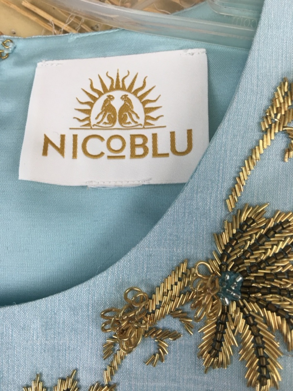 NICOBLU Alice Long Sheath Dress Blue Gold Embellished Size M - Picture 11 of 13